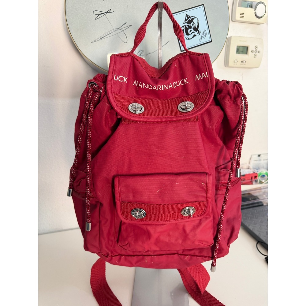 Mandarina Duck Red Nylon MD20 Backpack Drawstring Turn Lock Pockets